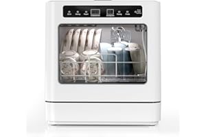 FUROMG Encimera lavavajillas portátil de 800W, lavavajillas de mesa con 6 programas y tanque de agua de 6L, mini lavavajillas con cubierta semitransparente e indicador LED, perfecto y sencillo para