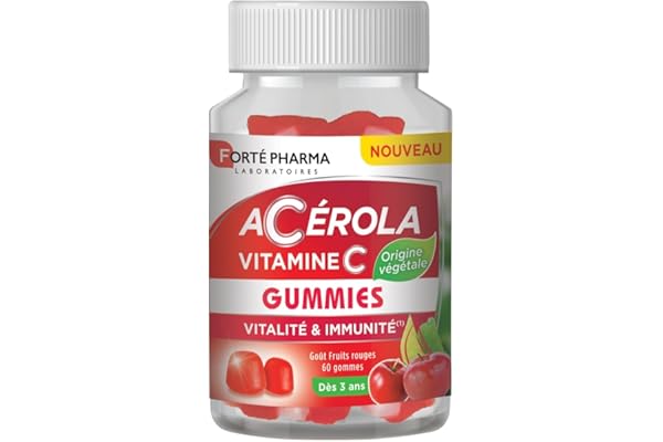 Forté Pharma – Acérola Gummies Vitamine C - Goût Fruits Rouges - Adulte et vitamine Enfant dès 3 ans - Complement alimentaire fatigue et défenses immunitaires - 60 gummies, 2/jour