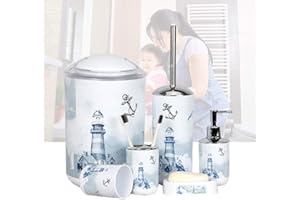 LOHOX 6 Piece Plastic Bathroom Accessory Set Luxury Lighthouse Bath Accessories Bath Set Lotion Bottles,Toothbrush Holder,Tooth Mug,Soap Dish,Toilet Brush,Rubbish for Modern Design