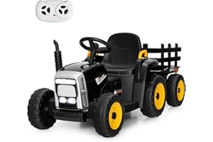 COSTWAY Ride on Tractor and Trailer, 12V Battery Powered Electric Kids Toy Car with Remote Control, LED Lights, USB & Bluetooth Music, Four Wheels Ride on Toys for Children Ages 3+ (Black)