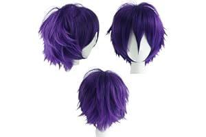 CYBELLEZA Peruka anime, fioletowa, krótka, cosplay, fioletowa, dla kobiet i mężczyzn, syntetyczna, prosta sukienka, falowana, gładka peruka, na Halloween, karnawał, imprezę, peruka z bezpłatną czapką dla kobiet