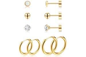 Dochais 5 Paar Ohrstecker Titan Damen Set, Titan Ohrringe Stecker, Creolen Silber Gold Set, Ohrstecker Piercing Knorpel, Hypoallergene, Zirkonia Opal Ball Ohrstecker für Mädchen Herren 10mm 12mm