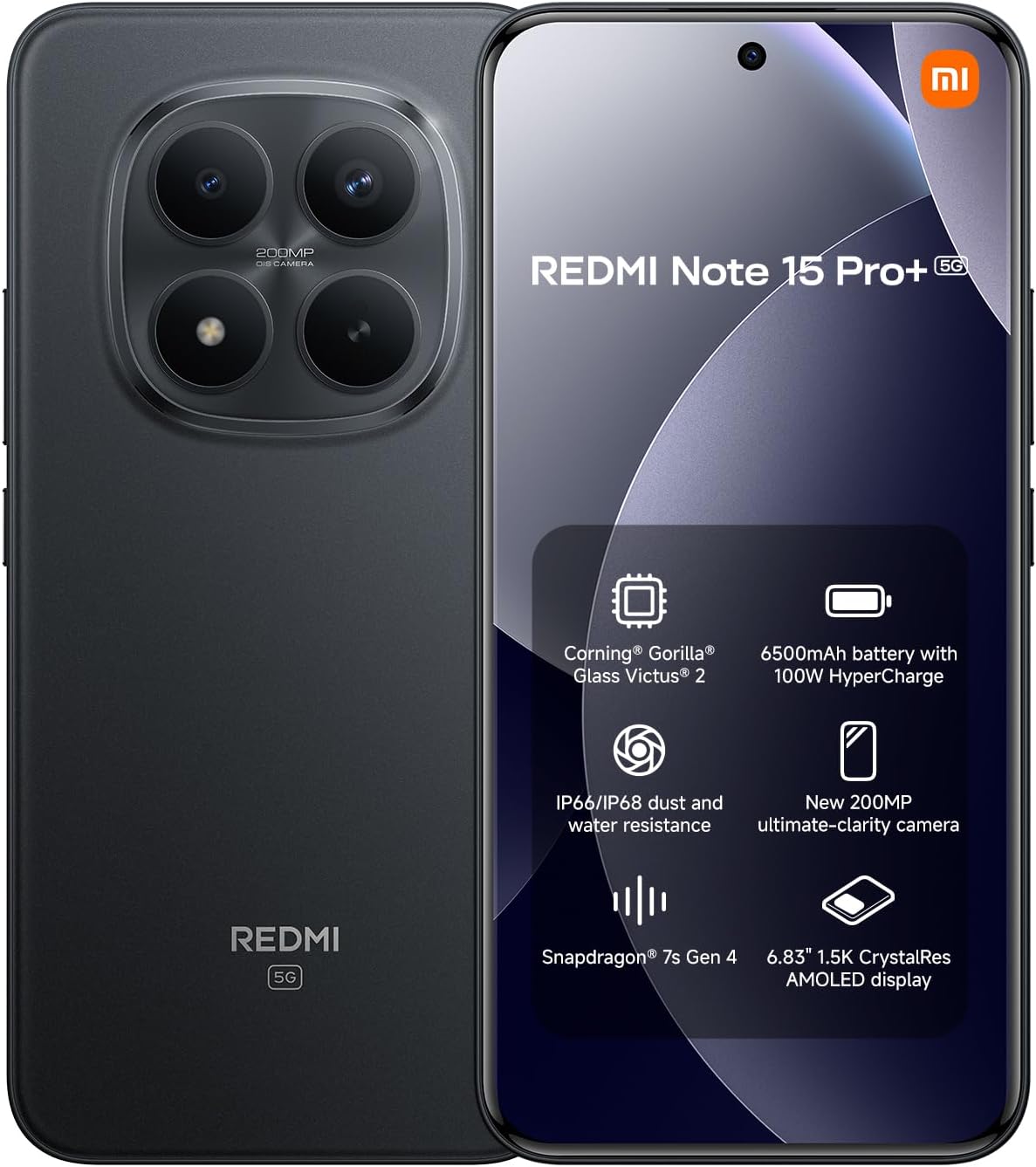XIAOMI REDMI Note 15 Pro+ 5G - Smartphone de 8+256GB, Pantalla AMOLED 6,83" 1.5K AMOLED, Snapdragon 7s Gen 4, cámara de 200 MP, Hypercharge 100W, Cargador no Incluido, Negro (Versión ES)