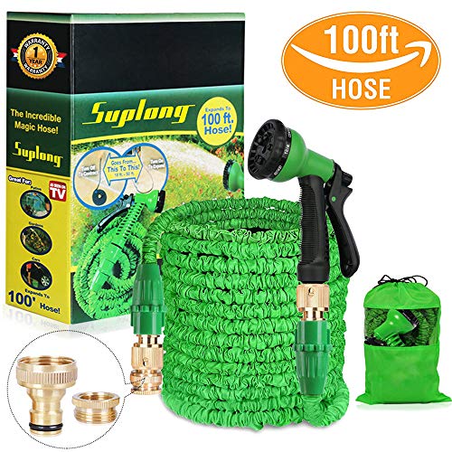 Suplong Tubo de Manguera de jardín Extensible, Manguera de Agua mágica de 100 pies, Flexible, con 8 Patrones de Pistola de pulverización y Accesorios de latón Macizo
