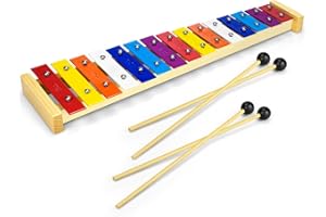 CeleMoon Xylophon-Glockenspiel aus natürlichem Holz, mit mehrfarbigen Metallstäben, inklusive Zwei Sets Holzschlägel, 15 Farbtöne