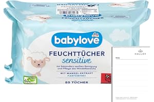 Babylove Feuchttücher sensitive 160 Tücher, Ohne Alkohol, Ohne Parfum, Vegan, pH-hautneutral (2x80St) + Halley Bedding Notizblock Set