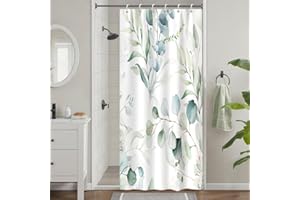Uiiooazy Tenda Doccia Antimuffa, Tenda da Doccia Piccola 90x180cm Foglie Blu Verde Eucalipto Fiori Bianco Tende da Bagno Tessuto Lavabile Impermeabile Poliestere Tende per Vasca da Bagno con 6 Anelli