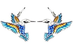 DOWAY Enamel Mini Flying Hummingbird Stud Earrings for Women Huggie Hoop Bird Stud Clip with Dangle Charms, enamel Metal, Sandstone
