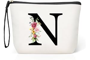 HAMATATA Grande Neceser Maquillaje Mujer Personalizado Inicial, Bolsa de Cosméticos de Lona de Letras, Neceser de Maquillaje de Viaje, Regalo Cumpleaños Navidad para Mujeres Novias Mejores Amigas（N）