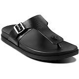 Men's Premium Leather Toe Loop Slippers | Adjustable Buckle Slip-On Flats | Comfortable Cushioned Footbed | Casual Summer Beach Walking Slippers | Brown: 