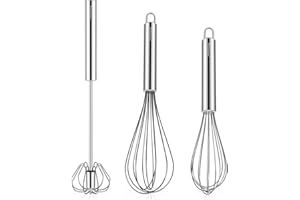 NileHome Stainless Steel Whisk Set 8" 10" Hand Blender + 12" semi-Automatic Rotary Kitchen Whisk Balloon Whisk Kitchen Wisk Wire Whisks for Cooking, Whisking, Blending, Beating, Stirring- 3 Pack...