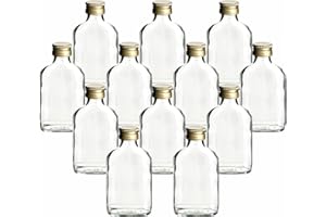 gouveo 12er Set Glasflaschen 100 ml Flachmann mit Schraubverschluss goldfarben - Kleine Flasche 0,1 l zum Befüllen - Leere Schnapsflaschen für Likör, Whisky, Gin, Brandy, Cognac (FF100G)