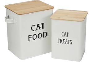Morezi Boîte de Stockage d'aliments pour Animaux matériau en Acier au Carbone avec cuillère et Couvercle en Bois hermétique conteneur de Nourriture pour Chat 3kg+1.5kg-Blanc