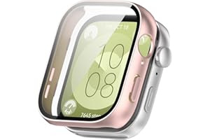 BYISYUE Etui ochronne do Huawei Watch Fit 3, twarde etui z poliwęglanu ze szklaną folią ochronną na wyświetlacz, ochrona przed zarysowaniem i kurzem obudowa do Huawei Watch Fit 3 (różowe)