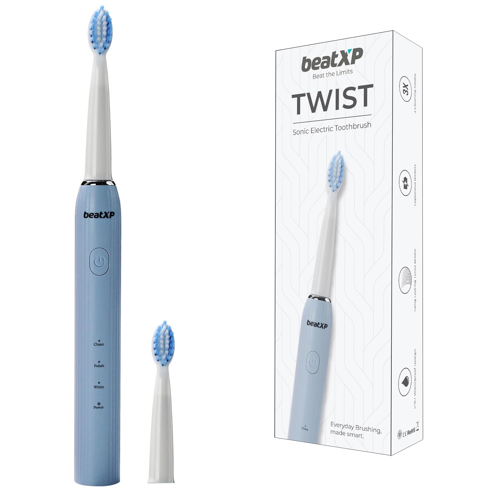 beatXP Twist Sonic Electric Toothbrush for Adults with 4X Plaque Removal & 2 Brush Heads & 3 Cleaning Modes | Rechargeable El