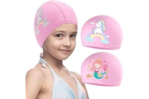 BAFIWU 2 gorros de natación para niñas, gorro de natación para niños de 2 a 10 años, con revestimiento de poliuretano, impermeable, para niñas, pelo largo y niños