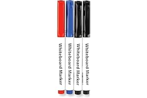 Office Zone Dry Wipe Whiteboard Markers Slim - Round Tip | Full Size | Non-Toxic | 4 Pack - (2 Black, 1 Blue, 1 Red)