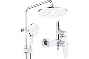 Rainsworth Duschsystem mit Armatur Chrom, Regendusche mit Armatur aus Messing, 25 cm Regendusche, 3 Strahlarten Duschkopf, Duscharmatur Komplettset, Duschset