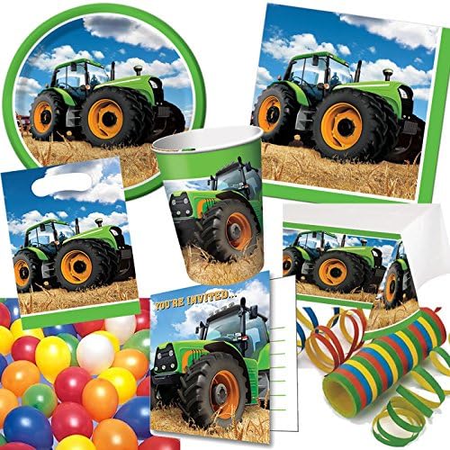 101 Piece Tractor Party Set for Children's Birthday Party for 6-8 Children Plates Cups Napkins Invitations Party Bags Tablecloth Balloons Streamers etc./Kids Farm Barn Animal Birthday Party Theme Party