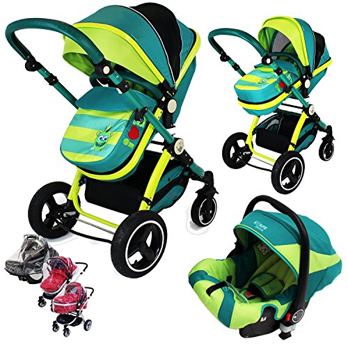 i-Safe System - Lil Friend Trio Travel System Pram & Luxury Stroller 3 in 1 Complete With Car Seat + Rain Covers