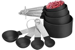 WOODFIB Juego de 8 tazas y cucharas medidoras, Tazas y Cucharas Medidoras de Plástico Reutilizables con Mango de Acero Inoxidable para Medir Líquidos y Sólidos (Negro)