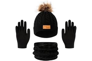 Bekecidi Ensemble bonnet d'hiver pour enfant 3 en 1 - Bonnet d'hiver chaud - Bonnet d'hiver - Gants - Écharpe ronde - Bonnet tricoté - Chapeaux chauds pour enfants - Pour filles et garçons de 3 à 12