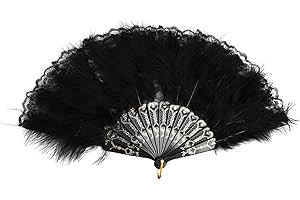 JRILUO Fan Feathers Lace Black Vintage, Women's Hand Fan, Foldable 1920s Venetian Costume, Feather Fan, Handheld Feather Fan, Flapper Accessories for Costumes, Burlesque Show, Carnival Party