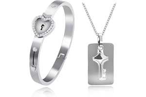 Uloveido Pulsera con cierre de corazón de acero inoxidable y collar colgante con llavero Juego de joyas para hombres y mujeres Y474