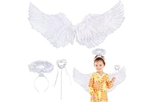 ‎QUNKUN 3 Stück Engel Flügel, Engelsflügel Weiß, Weiße Engelsflügel Deko, Heiligenschein, Zauberstab, 60CM Weiße Flügel Mädchen, Engelsflügel Deko, Engels Flügel Kostüm,Party Fasching Kostüme (A)