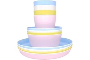 Bloomsworld Toddler Dining Set, 4 Plastic Cups, Bowls and Plates, Reusable, BPA Free, Kids Picnic and Party Tableware for Boys and Girls - Pastel