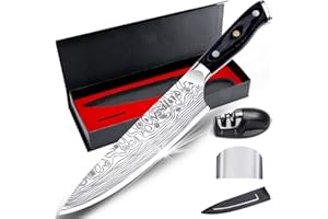 MOSFiATA Coltelli da Cucina Professionale Chef con Fodero, Protezione del Dito e Affilatore, in Acciaio Inossidabile con Manico Micarta - 20CM