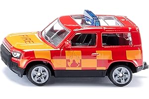 siku 1568, Auto dei Pompieri Land Rover Defender, Auto Giocattolo, Metallo/Plastica, Rosso/Giallo, Gancio di Traino, Ruote in Gomma, Barra Luminosa Blu