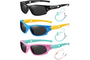 Rocf Rossini Pack of 3 Flexible Kids Sunglasses Polarized Sports Sun Glasses Girls Boys Cricket Shades with Straps UV400 Protection Eyewear for Age 2-10