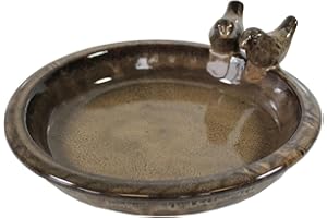 Fachhandel Plus | Vogeltränke Oasis aus glasierter Keramik, Ø 30 cm | mit Deko-Vögeln, Winterfest, Farbenfrohe Gartendeko & Wasserstelle für Vögel (Rustik-Coffee)