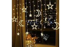 SPACNANA Kurtyna świetlna gwiazda księżyc okna światła dekoracja domu sznur świetlny do sypialni salonu (ciepła biel 3,5 metra pilot USB)