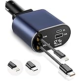 GadgetBite VOLT Car Charger 120 Watt 4 in 1 Charger with Retractable Cables & Dual Ports Type C cable and Lightning cable Sup