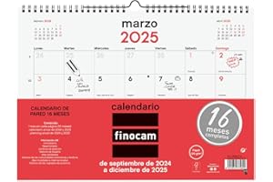 Finocam - Calendario Neutro Pared 16 Meses 2024 2025 Mes Vista Septiembre 2024 - Diciembre 2025 (16 meses) Neutro Español