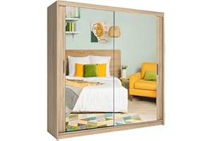 IE INTERIOR EMPORIUM Milan Full Mirror Double Sliding Door Wardrobe (or three in the 250cm size) With Shelves, Hanging Rails and LED Light in 6 Sizes & 4 Colors (203cm, Oak/Sonoma)