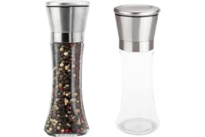 FL HUA Zestaw 2 młynków do pieprzu i soli 200 ml, ręczny młynek do soli i pieprzu, z pokrywką ze stali nierdzewnej, do ponownego napełniania, młynek do pieprzu, młynek do przypraw, zestaw do kuchni