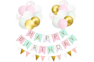 Buygain Happy Birthday Banner - Pastel Birthday Party Balloons & Macaron Bunting Banner with Adhesive Wall Hooks, Ribbon