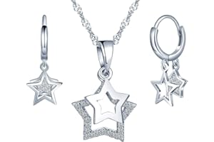 Yumilok Collier en Argent 925, Pendentif étoile pour Femme Fille, Boucles d'oreille étoile, Ensembles de Bijoux étoiles, bagues d'oreilles, Cadeau Noël Anniversaire