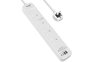 SE UKASE Extension Lead Power Strip Tower, 4 Way Socket 1200 Surge Protection with 2M /6.56FT Long Extension Cord Multi Plug 2990W Safety Shutter for TV PC Laptops Tablets