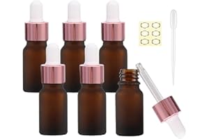 Alledomain 6Pcs, 10ml Frosted Amber Glass Bottles with Dropper Pipettes, Mini Empty Dropper Bottles Rose Gold Aluminum Alloy Cap Refillable Sample Container for Perfume/Essential Oils/Massage Oil
