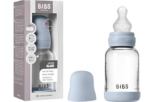 BIBS Baby Glass Bottle. Anticólicos. Tetina redonda de Silicona. Favorece la lactancia natural, 120ml, Complete Set - Baby Blue