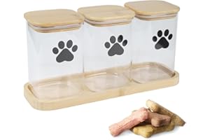 Ctomche Dog Treat Jar Set of 3,Glass Container Airtight Lid,Clear Pet Biscuit Treat Tin with Bamboo Lids and Tray for Dog Cat,Pet Food Tin,Food Storage Container Box for Biscuits