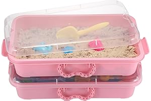 OGANAZI 2 Pack Portable Sand Trays with Lid&Handles Plastic sandboxes Sensory Bins Play Tray for Indoor Outdoor Sensory Activities, 38 * 25 * 8cm, Pink