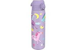 ion8 Botella Agua Inox Ligero, 600ml, Sin Aislamiento, a Prueba de Fugas, Fácil de Abrir, Aptas para Lavavajillas, Cerradura Segura, Fácil de Limpiar, en Relieve, Unicornios, Púrpura