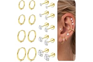 Diamday 9 Paar Ohrringe Gold Set, Creolen Gold Kleinfür für Damen Herren Ohrstecker Mehrfachpiercing Hypoallergene 14K Vergoldet Kleine Knorpelohrringe Hypoallergen Huggie Helix Knorpel Ohrringe