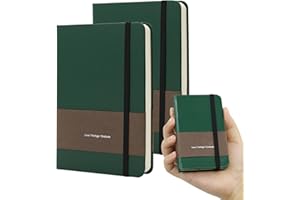 TUNJILOOL A7 Notebook, 2Pack Journal Leather Hardcover 192 Pages Thick Paper with 80GSM Blanks/Dotted/Grid, with Elastic Band & Inner Pocket for Writing and Sketching (A6, Dark Green)