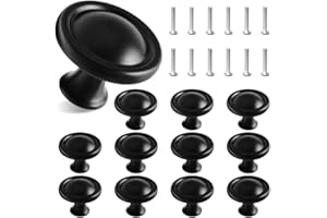 Juibao Black Cabinet Door Knob, Mushroom Drawer Knob, Single Hole Round Drawer Pull Handle with Matching Screws, Dia. 1.2 Inch/30mm Aluminum Alloy, Pack of 12